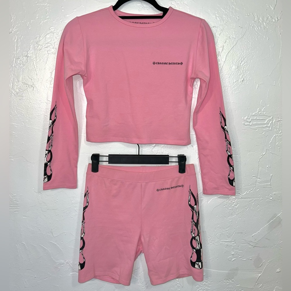 Chrome Hearts Matty Boy Flames Biker Shorts & Long Sleeve T-Shirt Pink Flames